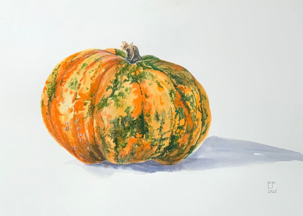 Watercolour painting of a pumpkin patterned with orange, yellow and green.