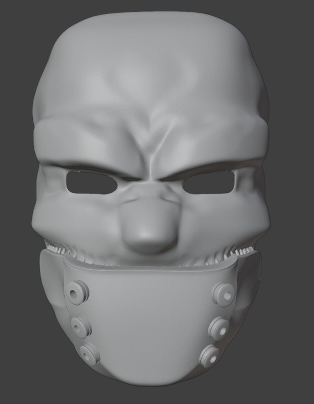 Blender program render of mask designed in it. Angry looking face with mask over mouth that has little grommet holes in it with little hooks to hold the mouth part in place. Render is in grey scale.