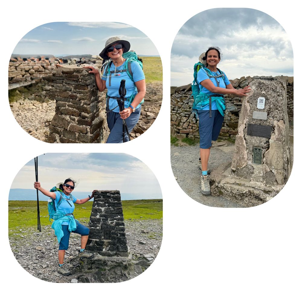A collage showing photos of me at the summit of each of the Yorkshire three peaks, Pen y Ghent, Whernside and Ingleborough. 