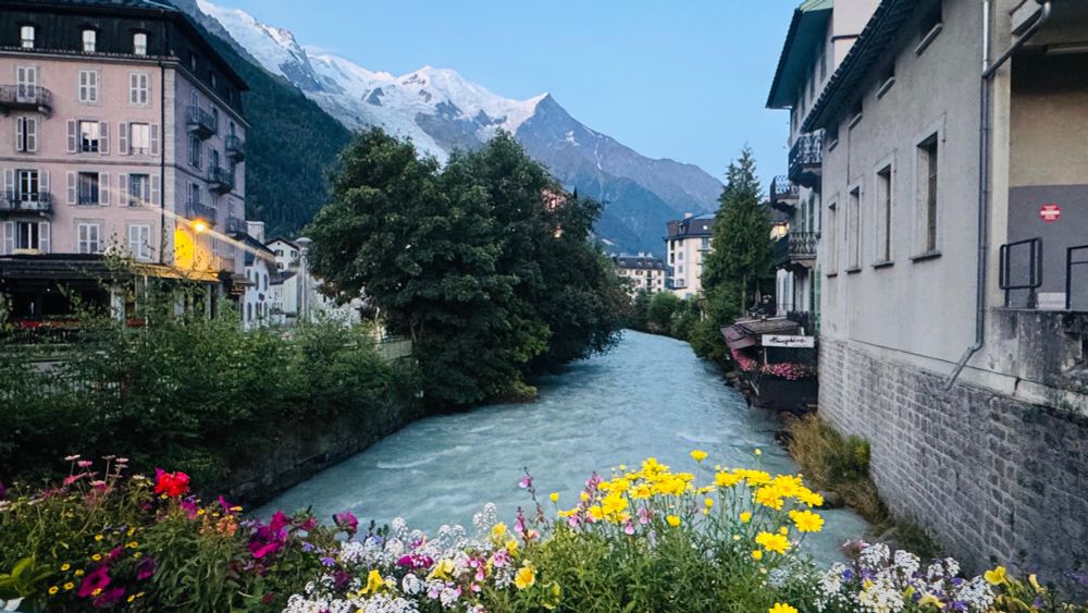 A section of the TMB path through a Swiss town with a stream and houses on either side. There are alpine flowers in the foreground. 