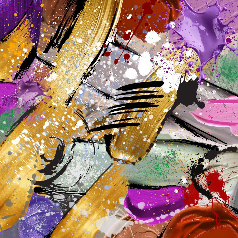 Abstract Canvas art with vibrant colors of red, purple, green, yellow and black. 
