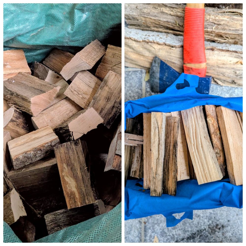 Pieces of firewood cut into approx 13 cm / 5 inch pieces for burning in a tabletop pizza oven.