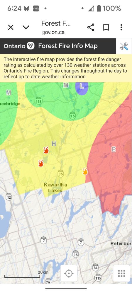 Map listing active wildfire in southern Ontario 