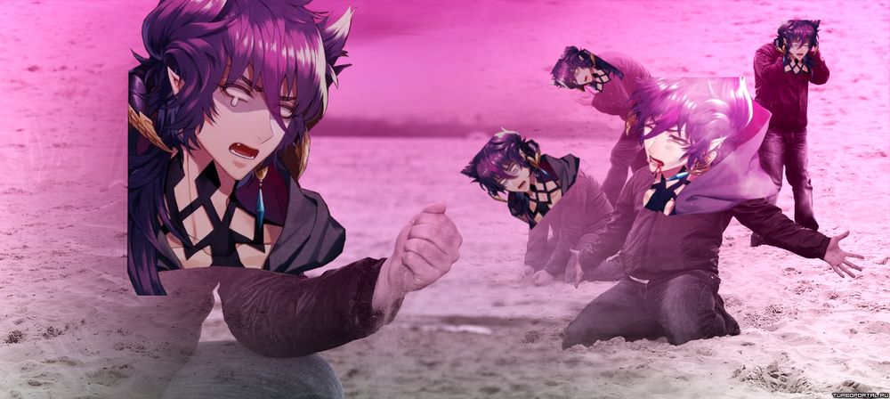An edited collage of a man on a sandy beach in various poses of agony and despair. The image has been edited with a violet-to-grey gradient, making the sand resemble ash. Portraits of Misyr Rex, a character from the video game Cafe Enchante, have been pasted over the original man in the image. Misyr is a pale-skinned young man with long purple hair, pointed ears, and horns growing out of the side of his head. The portraits of Misyr depict exaggerated despair, with the exception of one portrait that portrays Misyr in pain, with blood flowing from his mouth.