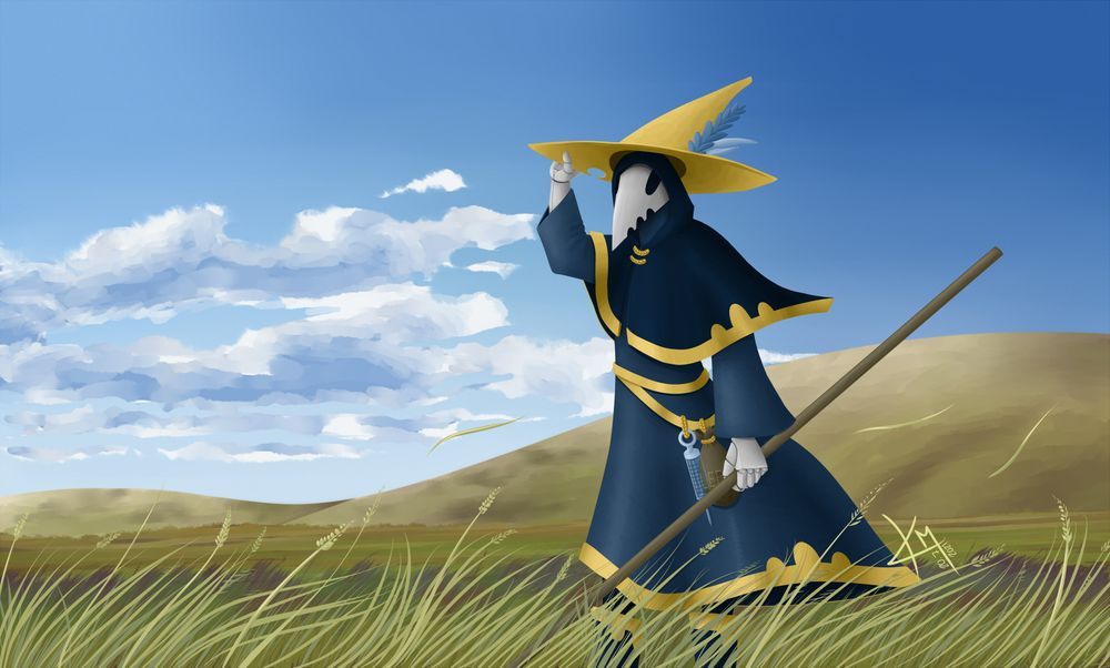 A plague doctor standing in tall grass on treeless highlands, being plagued by wind that is trying to steal their wide brimmed yellow hat. 

They are wearing a short hooded cape over a long jacket, and there is a pouch of leeches and a syringe hanging from their belt. They have robotic hands, one holding a wooden staff and the other the brim of their hat. They have a plague doctor mask covering their face.