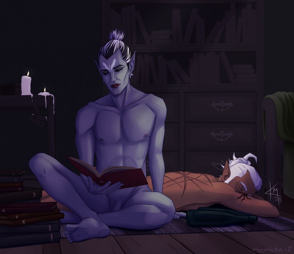 Storn, a nonbinary drow, is reading a book in a candle/moonlight. Lalli, a half-elf, is sleeping prone on a carpet right behind them, as he needs his eight hours of rest. They are both naked, carrying old scars and dad energy. Lalli's clothes are sprawl on a chair, and there are two empty bottles on the floor.

There are stacks of books besides Storn, their titles reading: Mie, mietin, 711, 2025, Hytty (a name of a legendary beast in Munkkilaakson Tarinoita), KM, Vesi (water), Veri (blood), Luotteet (magical Finnish incantations), Kalevala, and Runoi (Runic song, the book Storn is currently reading). Both characters are book nerds, Storn being a sage and Lalli a lore bard.

On the background there is a bookshelf with books taken out of it, and on a table two candles, one of which has nearly burned out, dripping wax on the floor.