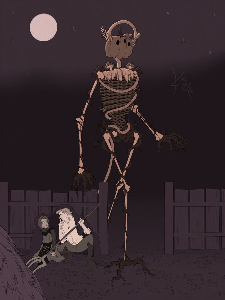 "The harvest festival Kekri has brought travelers to Lalli’s monastery from far and wide. While everyone is welcome to join in on the festivities, not all come with good intent."

A full moon shines high in the sky. A tall skeletal creature with a pumpkin head and weaved baskets for a torso walks through a gate into a courtyard. Two humanoids cover under a blanket beside a wooden fence as the monster walks by. The woman is kneeling while clutching her dress, and the man squats while holding a pitchfork. With his free hand the man makes a gesture for silence.