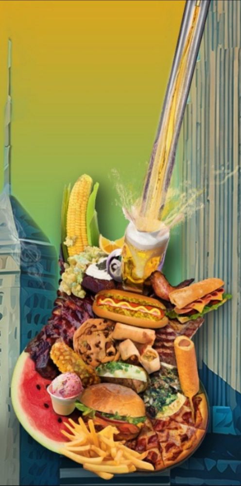 Zoomed-in screenshot of the Taste of MN lineup poster, showing a guitar overlaid with images of food. The food images look poorly photoshopped, and include a watermelon, French fries, a corn cob, ribs, a corndog, pizza, sandwiches, hot dogs, and a pint of beer with liquid splashing out of it.