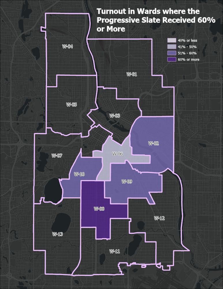 Map of voter turnout in wards where the Progressive Slate received 60% or more of the vote.