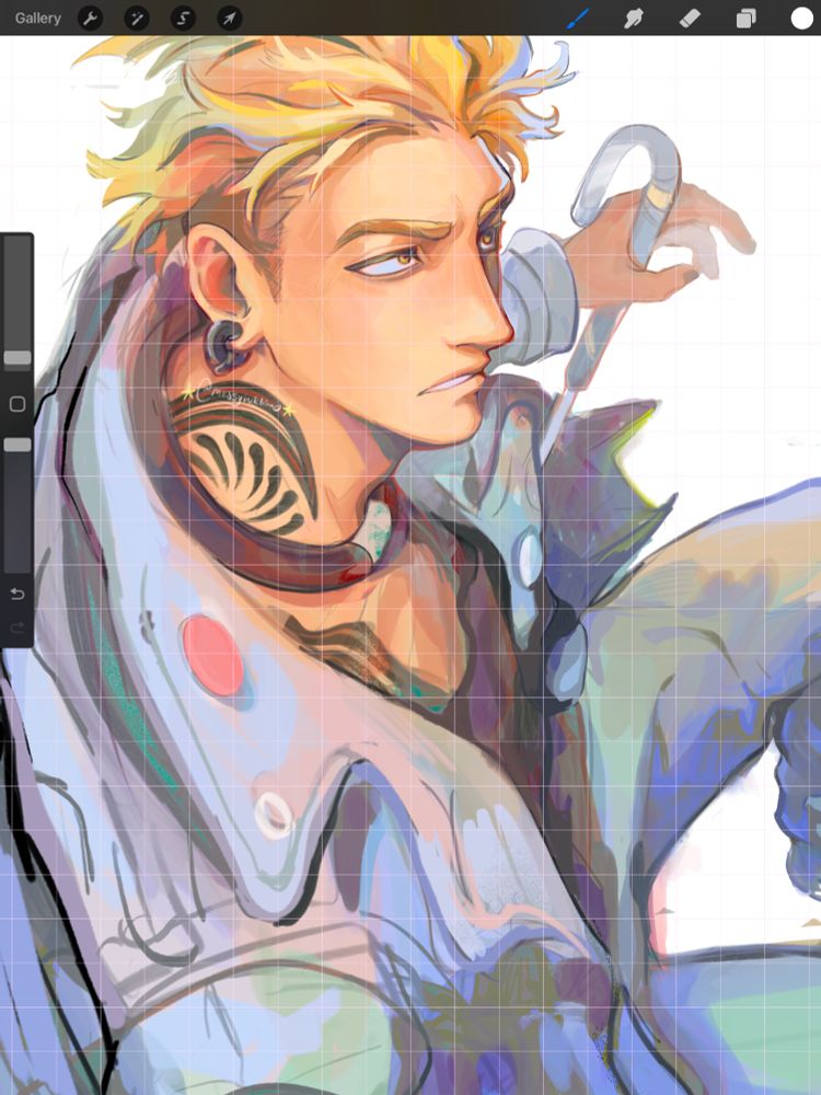 Digital drawing of Enjin from the manga Gachiakuta. The character has been drawn with an annoyed expression sitting in perspective holding his umbrella. The image has been cropped in a way the full drawing isn’t visible. Most details are simply drawn as the piece is still a work in progress. 