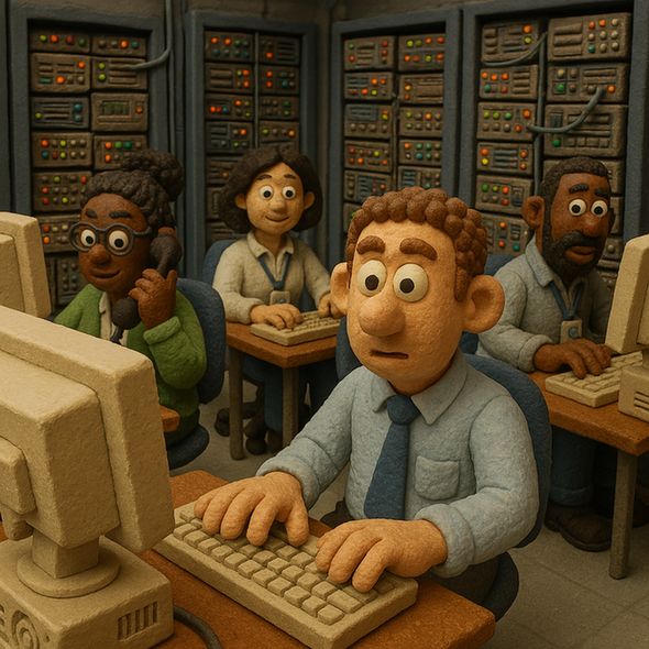 AI Generated Image of a diverse small team of IT Professionals including women and men of different races working away in a server room on their workstations, in the style of Wallace and Gromit, appearing very busy but everything under control.