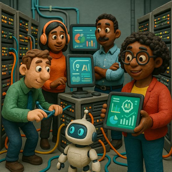 A Wallace and Gromit-style claymation scene featuring a diverse team of IT infrastructure professionals in a server room. Some are monitoring servers, others are interacting with AI-powered dashboards or robotic assistants. The environment is filled with blinking server racks and cables.