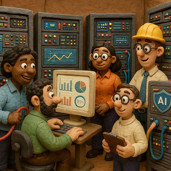 A Wallace and Gromit-style claymation scene showing a diverse team of infrastructure professionals in a server room. Some are configuring servers, others are monitoring dashboards, and one is setting up AI security protocols. The environment is filled with blinking server racks, cables, and screens.