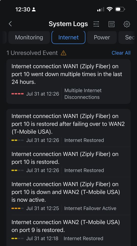 screenshot of ubiquity system log showing messages, indicating T-Mobile hotspot online, Zippy fiber connection, disconnected, successful fail over to T-Mobile, Zipoli Internet, connection, restored, fail back to zippily.