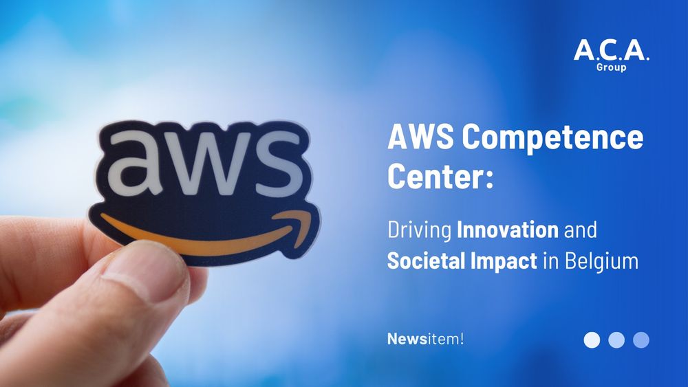 Hand holding an AWS sticker on a blue background. AWS Competence Center: Driving Innovation and Societal Impact in Belgium.  
