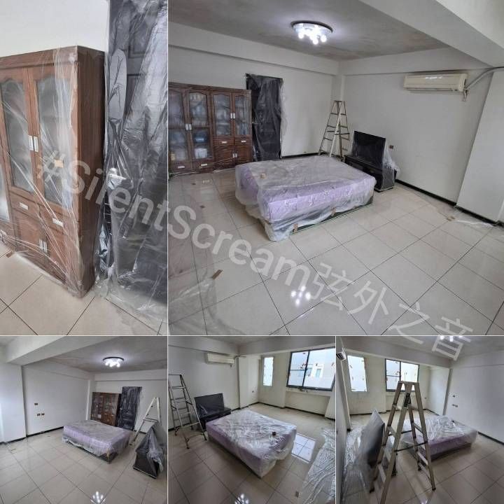 花了一天的時間先把房間的物品淨空，
無法移到其他房間的家具就先包起來；
油漆師傅再花一天做牆面處理與包覆，
等訂的漆料到貨後師傅就可以動工了。

雖然畫面看起來很像成人片拍攝現場，
只要再加一些攝影的器材腳架與燈光；
也很像凶宅或剛發生命案的刑案現場，
只要再拉上封鎖現場專用的黃色膠條。