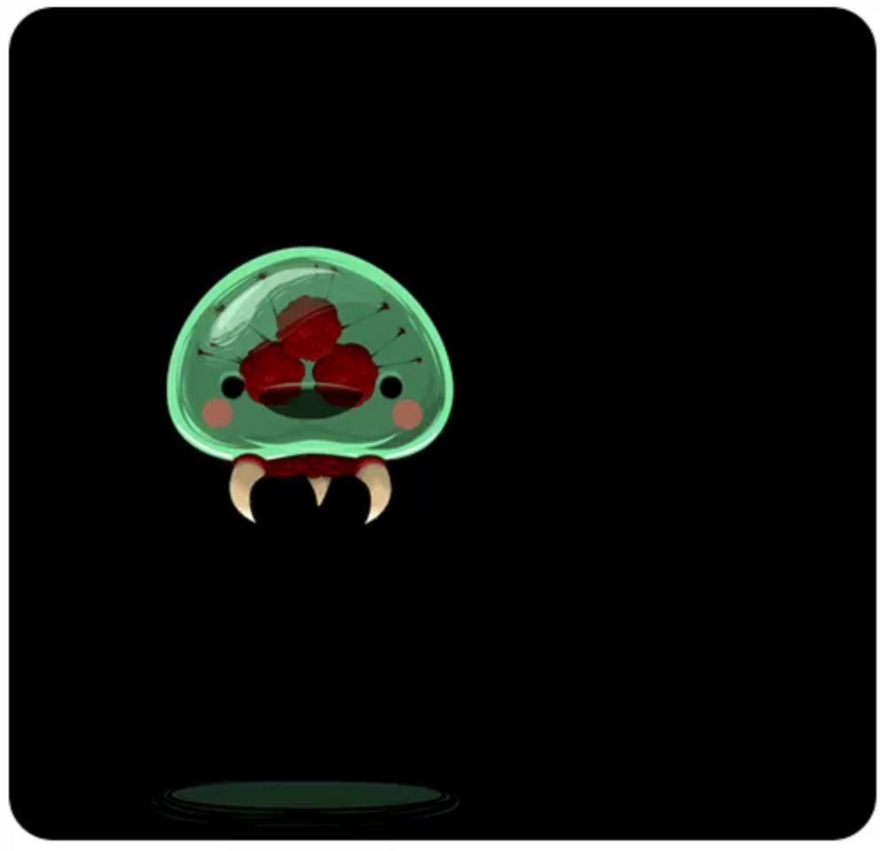 a cartoon of a green jellyfish with red eyes