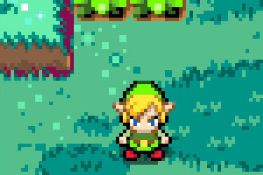 a pixel art drawing of a link standing in a field