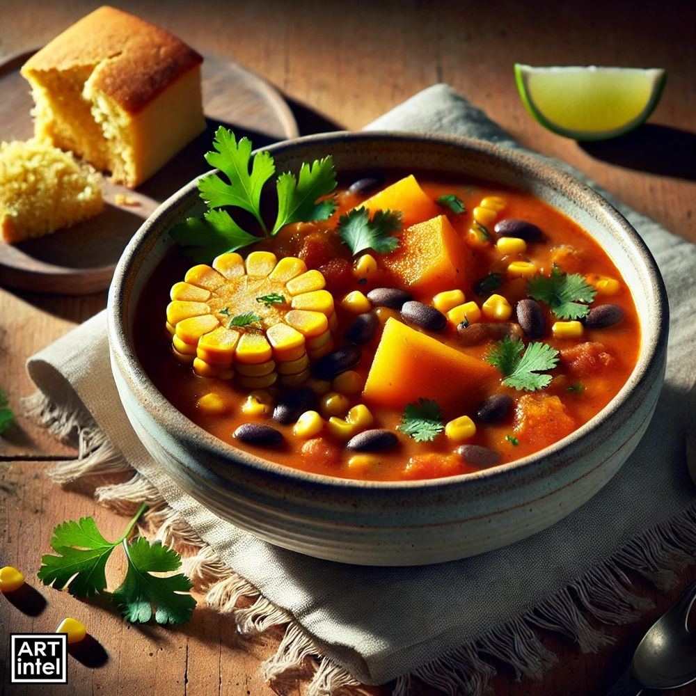 Here’s a more relaxed and naturally styled image of Three Sisters Stew, featuring a cozy and inviting presentation with soft, dappled lighting.