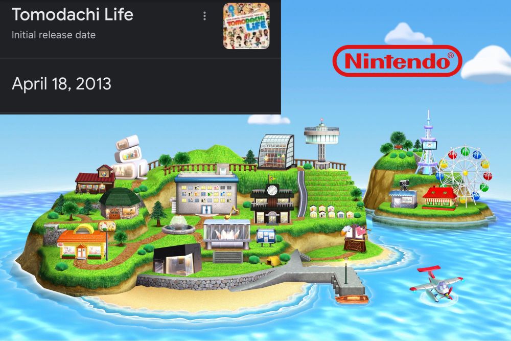 The island from Tomodachi Life with Nintendo's logo in the top right corner, and a screenshot of the Google search result for Tomodachi Life's Japanese release date: April 18, 2013.