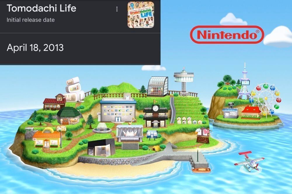 The island from Tomodachi Life with Nintendo's logo in the top right corner, and a screenshot of the Google search result for Tomodachi Life's Japanese release date: April 18, 2013.
