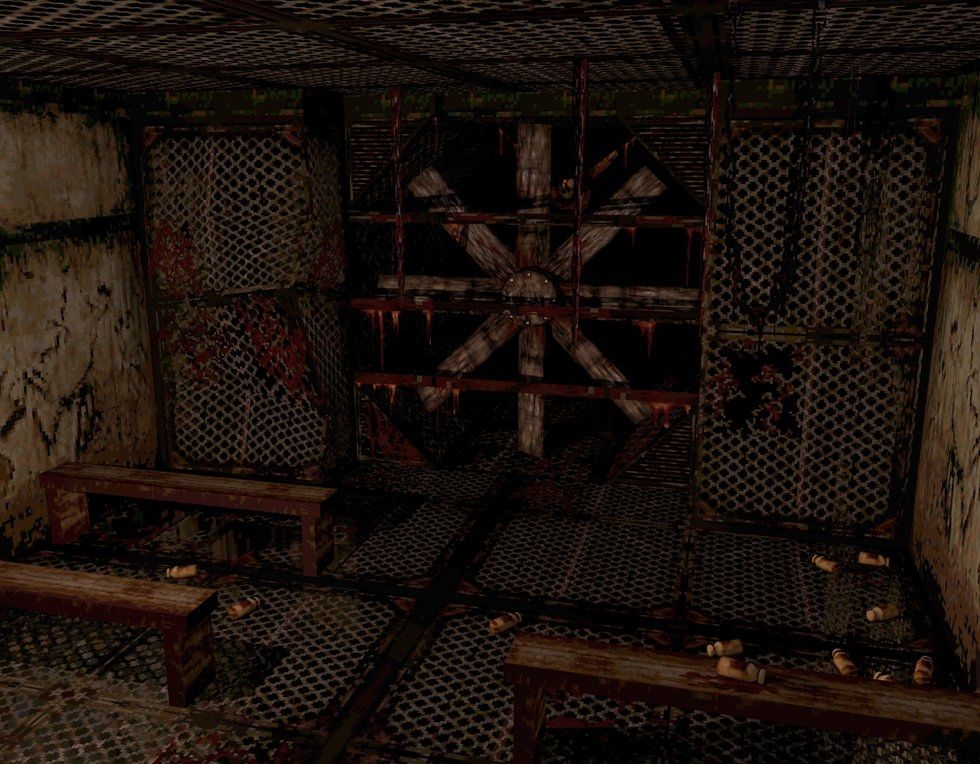 Otherworld of Midwich Elementary School in-game model from the 1st Silent Hill. There is a tunnel at the back of the evil huge ventilation fan.