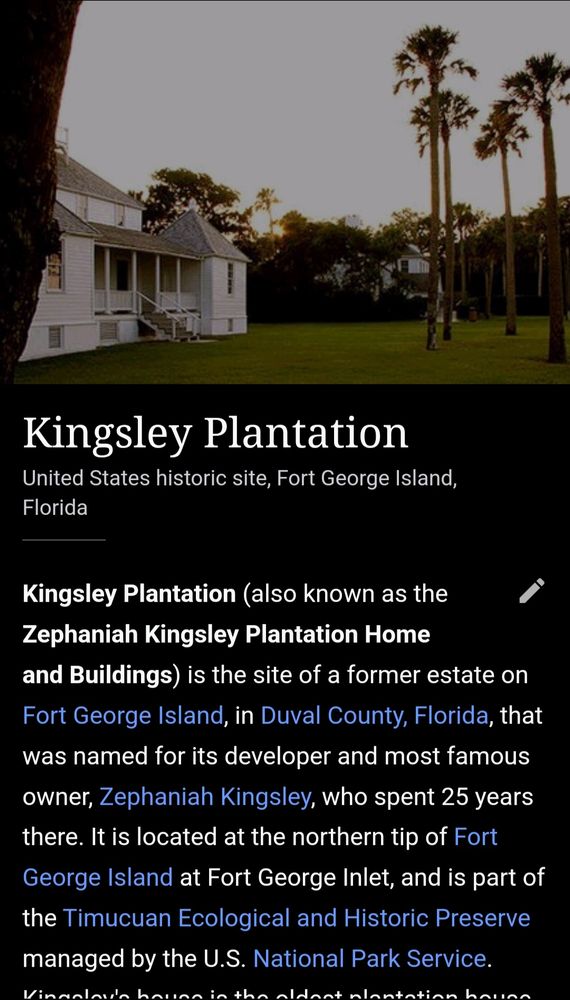 Screenshot of the top of the Wikipedia article for Kingsley Plantation.