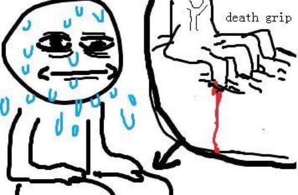 a meme of a simple cartoon figure sitting down and sweating profusely while gripping his legs tightly