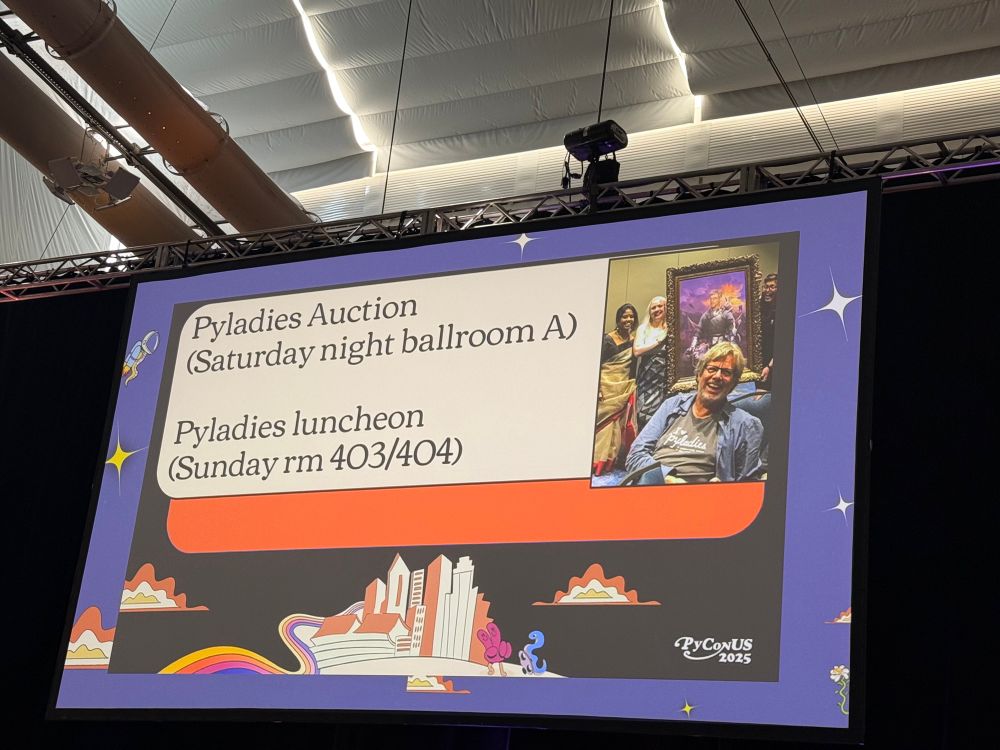 Wanna support #PyLadies AND have fun AND get amazing #Python swag? Come to #PyConUS #PyLadies auction! Snag a ticket on @pycon.us for the auction and maybe I’ll convince you to get some cool item(s) when I’m behind the podium actioning things off. #pythonicallyyours 🤓🐍