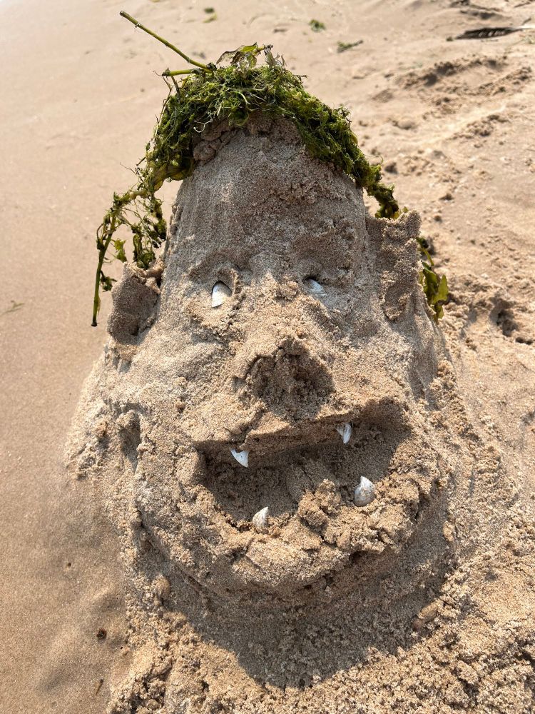 Ogre head made out of beach sand with lake grass hair and shells for eyes and teeth