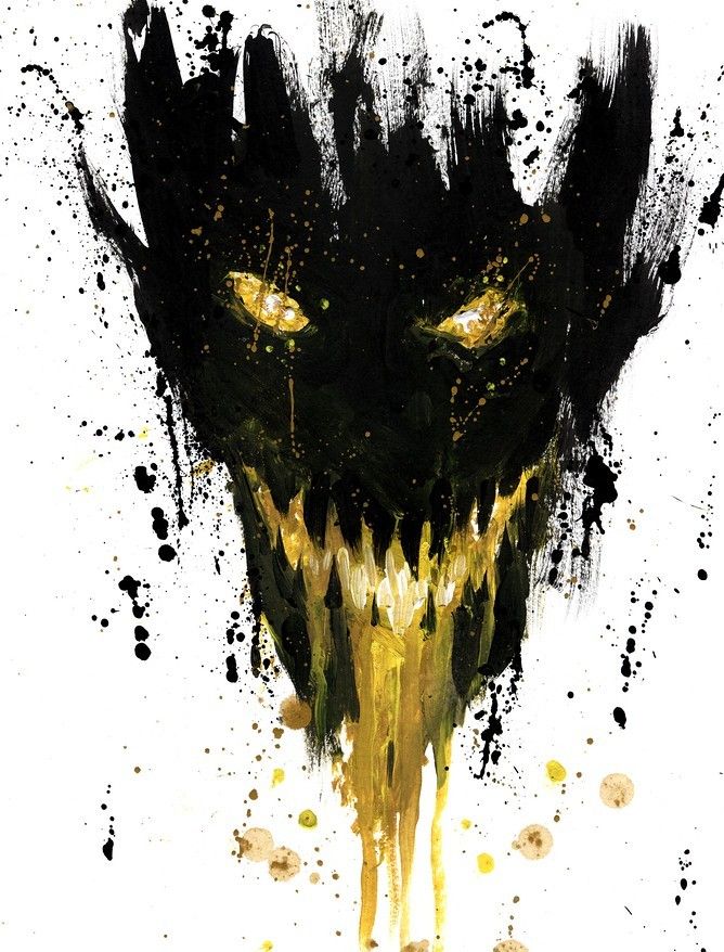  Art by Kim Holm https://denungeherrholm.smugmug.com/ 
 licensed under a Creative Commons attribution 4.0 International License  
A devilish face in black with gold dripping from its eyes and mouth.  