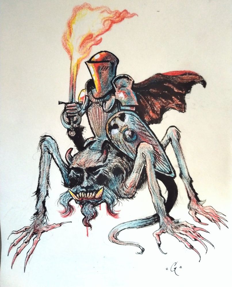 The plate armored torso of a knight with a flaming sword and a kite shield grows from the back of a four limbed furry fiend with large fangs.
art by Goran Gligovic, https://www.gorangligovic.com/