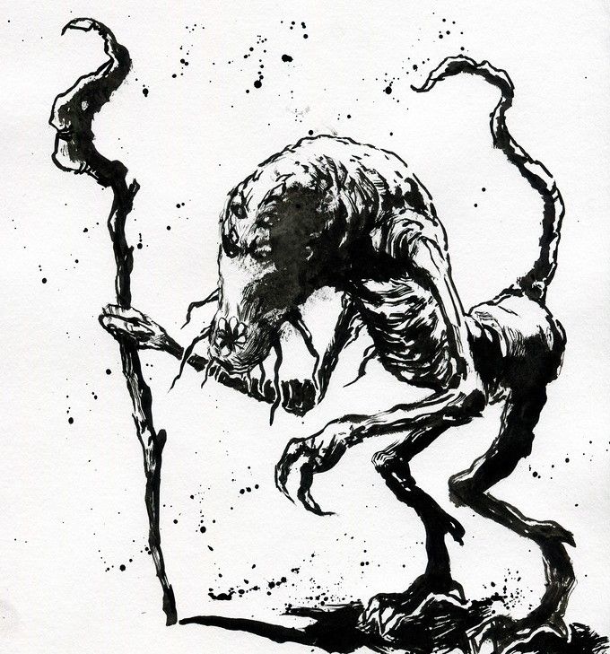 Kim Holm https://denungeherrholm.smugmug.com/
licensed under a Creative Commons attribution 4.0 International License
A black and white image of a gaunt, hunched devil with a staff. It has 4 eyes on its elongated face.
