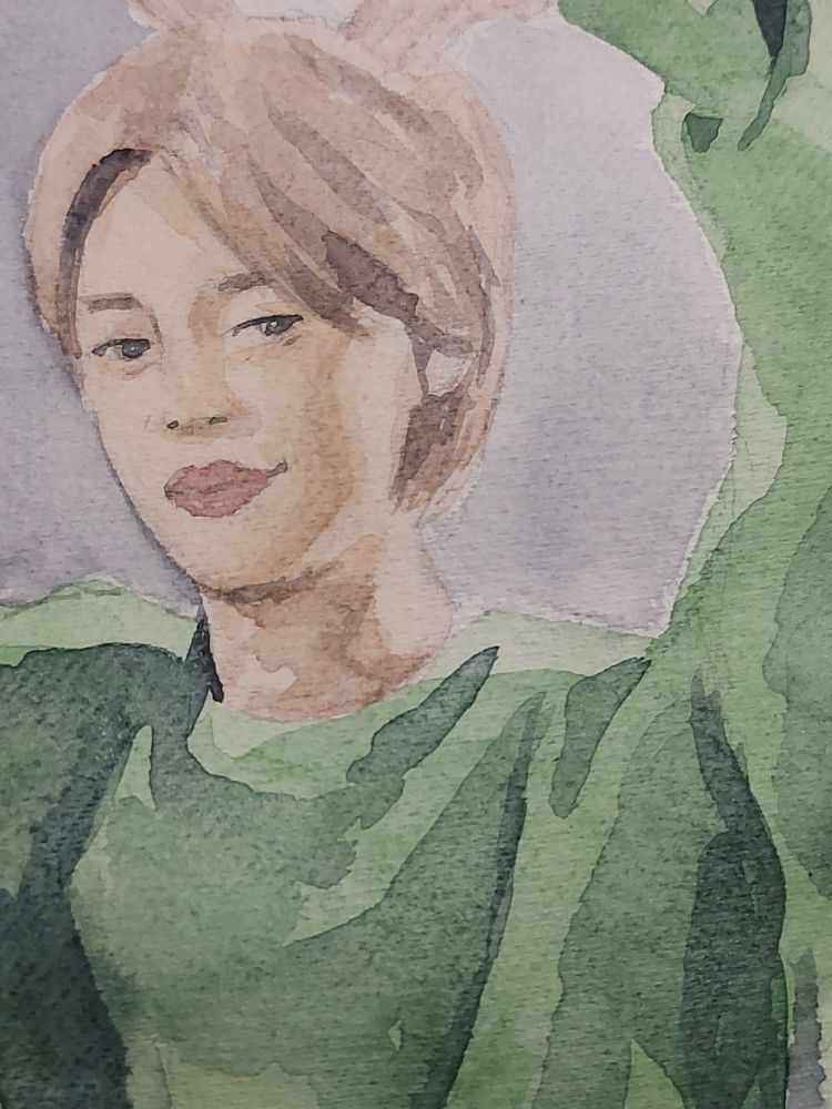 Watercolor portrait of Jimin of BTS wearing green sweater and making a big heart with his cute paws above his head