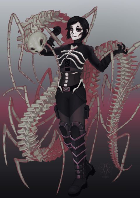 a skeletal centipede standing behind a necromancer dressed in black the necromancer has her face painted like a skull