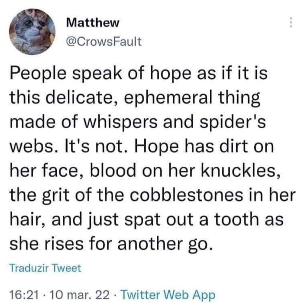A Twitter post from March 10, 2022 by Matthew (@CrowsFault). The text body reads: “People speak of hope as if it is this delicate, ephemeral thing made of whispers and spider’s webs. It’s not. Hope has dirt on her face, blood on her knuckles, the grit of the cobblestones in her hair, and just spat out a tooth as she rises for another go.”