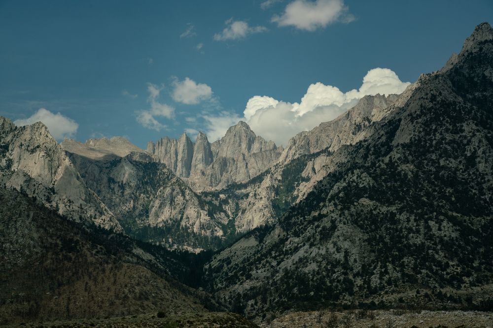 A view of Mount Whitney on the way up to the Whitney Portal Trail, with Whitney famed in the center of a series of canyons.