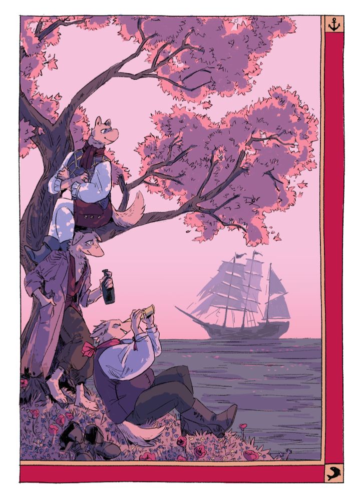 digital illustration in shades of pink and purple. three dog men watch the horizon as a tallship passes by. One sits in a tree, one leans against it's trunk holding a bottle, the third sits on the grass looking through a spyglass. they seem quite content.