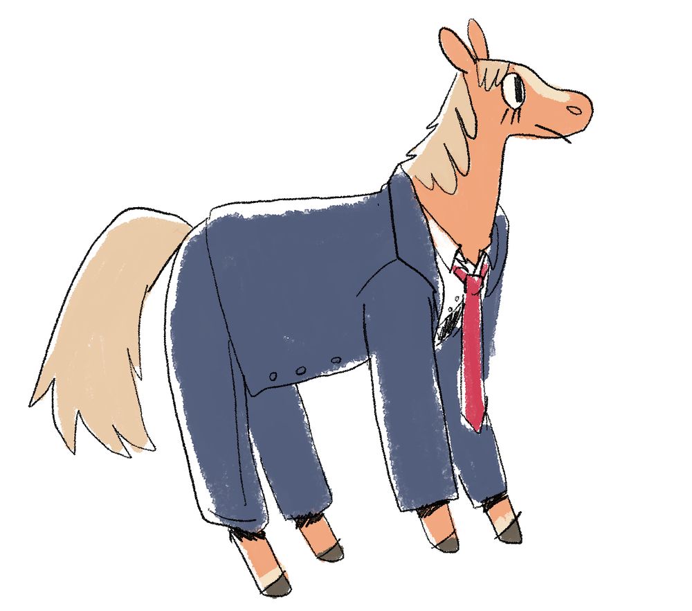 A drawing of a horse wearing a suit 