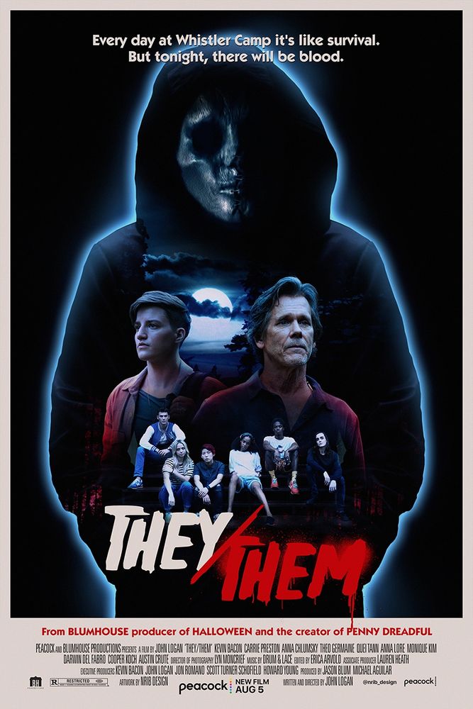 movie poster with someone dressed in a black hood and mask, above and behind some people looking in different directions, standing and sitting.

"every day at whistler can it's like survival. but tonight, there will be blood. 

they/them"