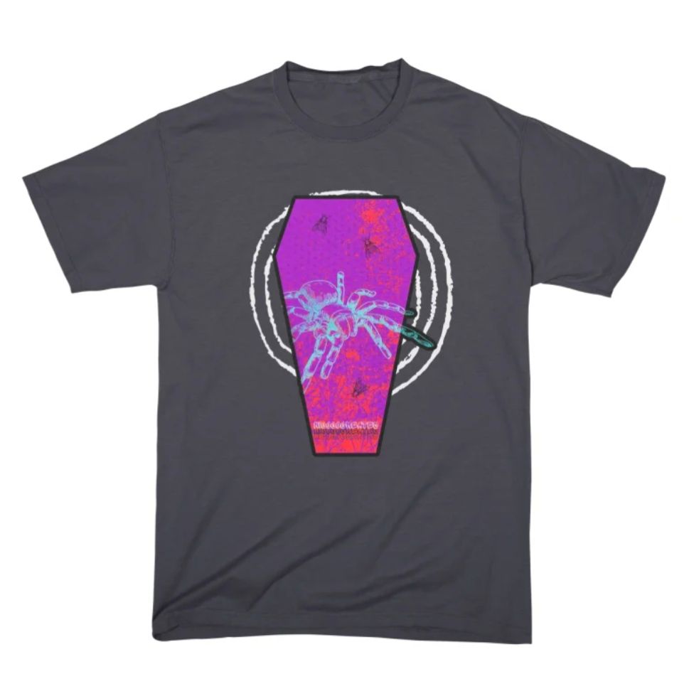 A slate grey t-shirt with a design of a teal tarantula crawling out of a grungy red and purple coffin with flies. There is a white spiral behind the coffin