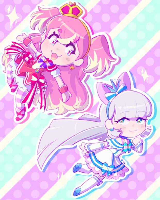 chibi art of cure wonderful and cure nyammy from wonderful precure with a palette of blue, yellows and pinks