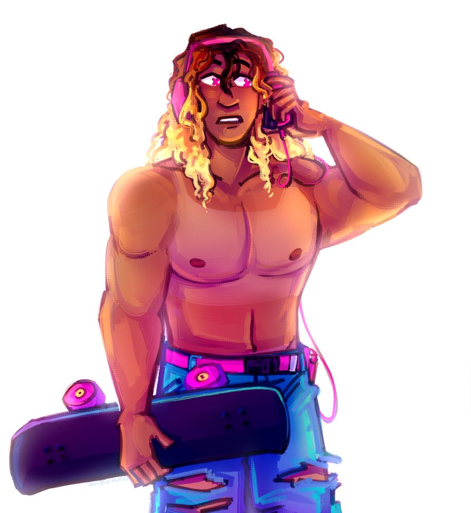 a redraw of the GQ heat stroke photo shoot with my oc sunny, he is shirtless and holding a skateboard with a visible crop top tan line, lifting up his over-ear headphones with his free hand