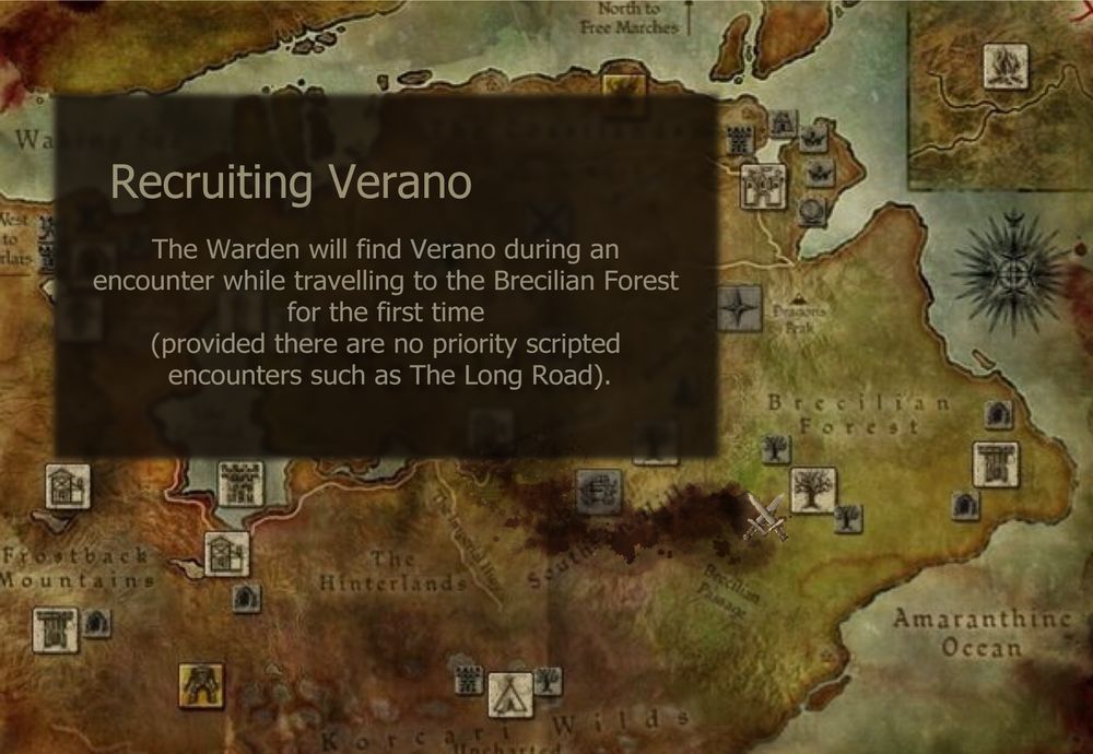 The map of Ferelden from Dragon Age Origins
The box of text reads: Recruiting Verano. The Warden will find Verano during an encounter while travelling to the Brecilian Forest for the first time (provided there are no priority scripted encounters such as The Long Road)
