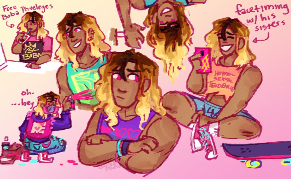 many colored sketches of a tan man with shoulder length bleached blonde hair with dark brown roots clearly visible. he has bright pink x's for pupils, most sketches are of him in bright colored crop tops. one has him in a vest and face mask as he spray paints something, looking at the viewer as if being caught and saying "oh... hey." one sketch includes him drinking boba tea and wearing a cafe uniform, with text that says "free boba privileges", and one has him smiling at his phone with text that says "facetiming with his sisters" the rest are all busts with various expressions