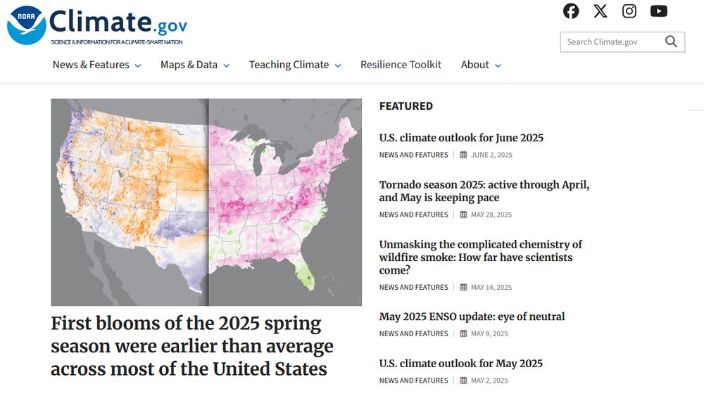 Screen capture of the front page of the Climate.gov site, displaying its logo in the upper left, a map of the CONUS in the middle left, and the titles of recently published stories on the right. 