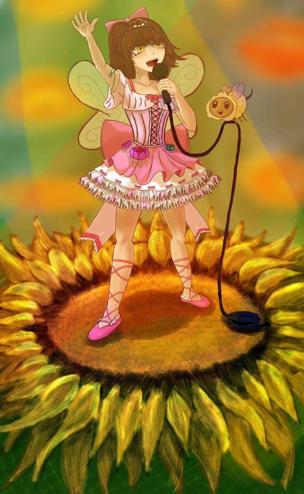 A woman singing on a sunflower shaped stage. She's wearing a pink and frilly dress full of bows and patterns, pink shoes with straps that tie up to her mid calf, and has bee wings. 