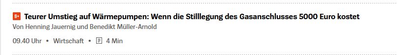 Falsche Überschrift Spiegel-Online zum S+-Artikel Umstieg Wärmepumpe. Die Stilllegung eines Gasanschlusses kostet < 1000 EUR, der komplette Rückbau kostet ca. 5000 EUR.