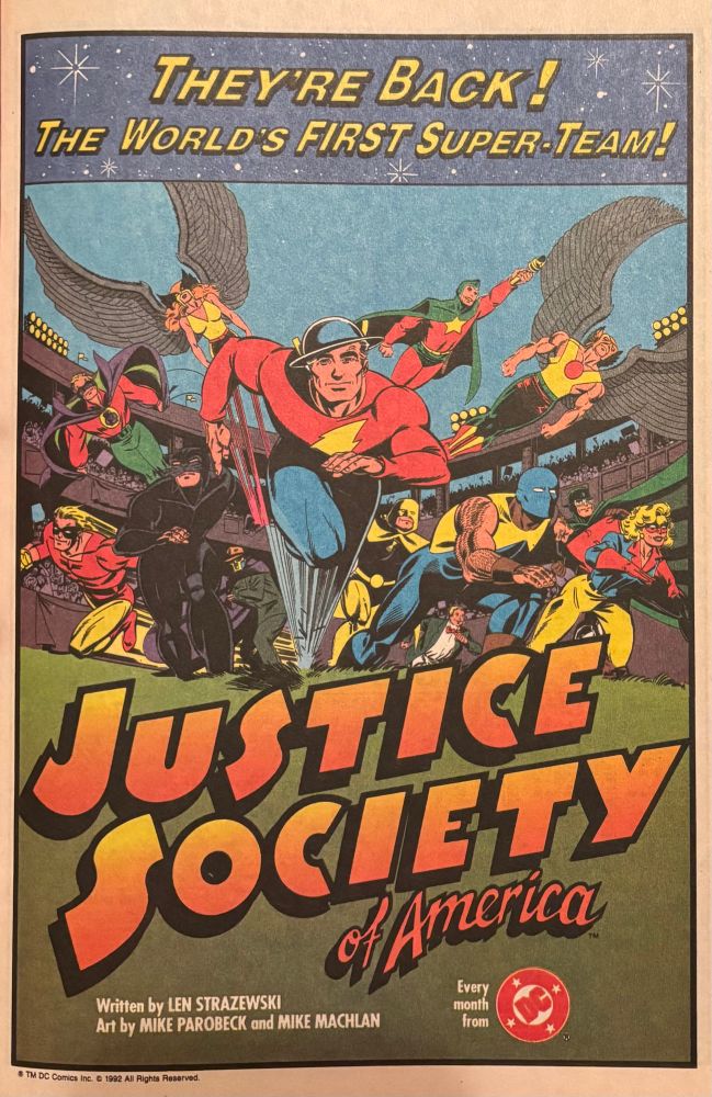 a cadre of superheroes rushing across a ballfield stadium (from left to right: Johnny Quick, Green Lantern, Wildcat, Hawkgirl, the Sandman, the Flash, Hourman, Starman, Johnny Thunder, the Atom, Hawkman, Dr. Midnight, and Liberty Belle)