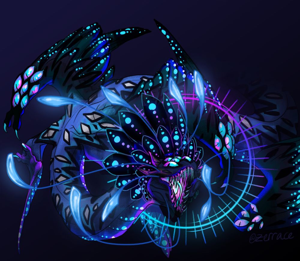 a digital art piece featuring a darkly colored snake-like feathered dragon with bright neon markings and deep sea fish-like features